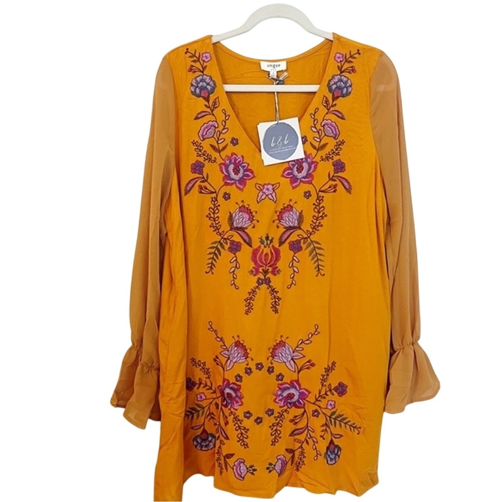 Umgee Mustard Yellow Floral Embroidered Boho Shift Dress N4148 Large NEW